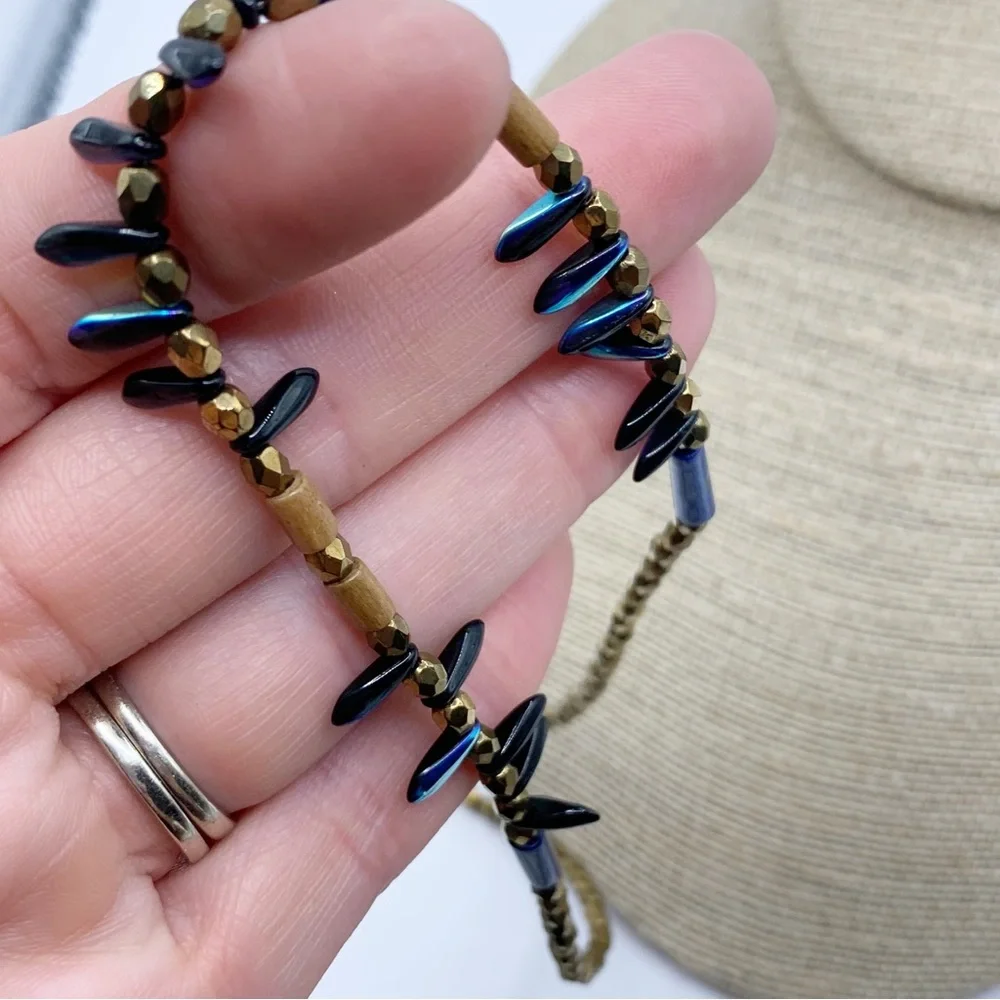Blue, gold, wood and peacock iridescent faceted dainty Briolette bead necklace